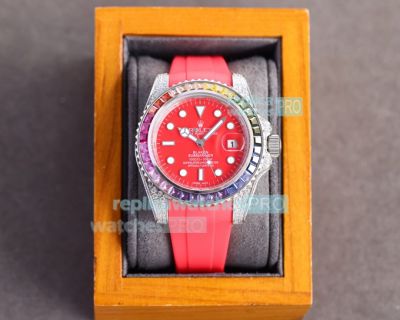 Replica Rolex Submariner Rubber Strap Red Face Rainbow Bezel Watch 40mm